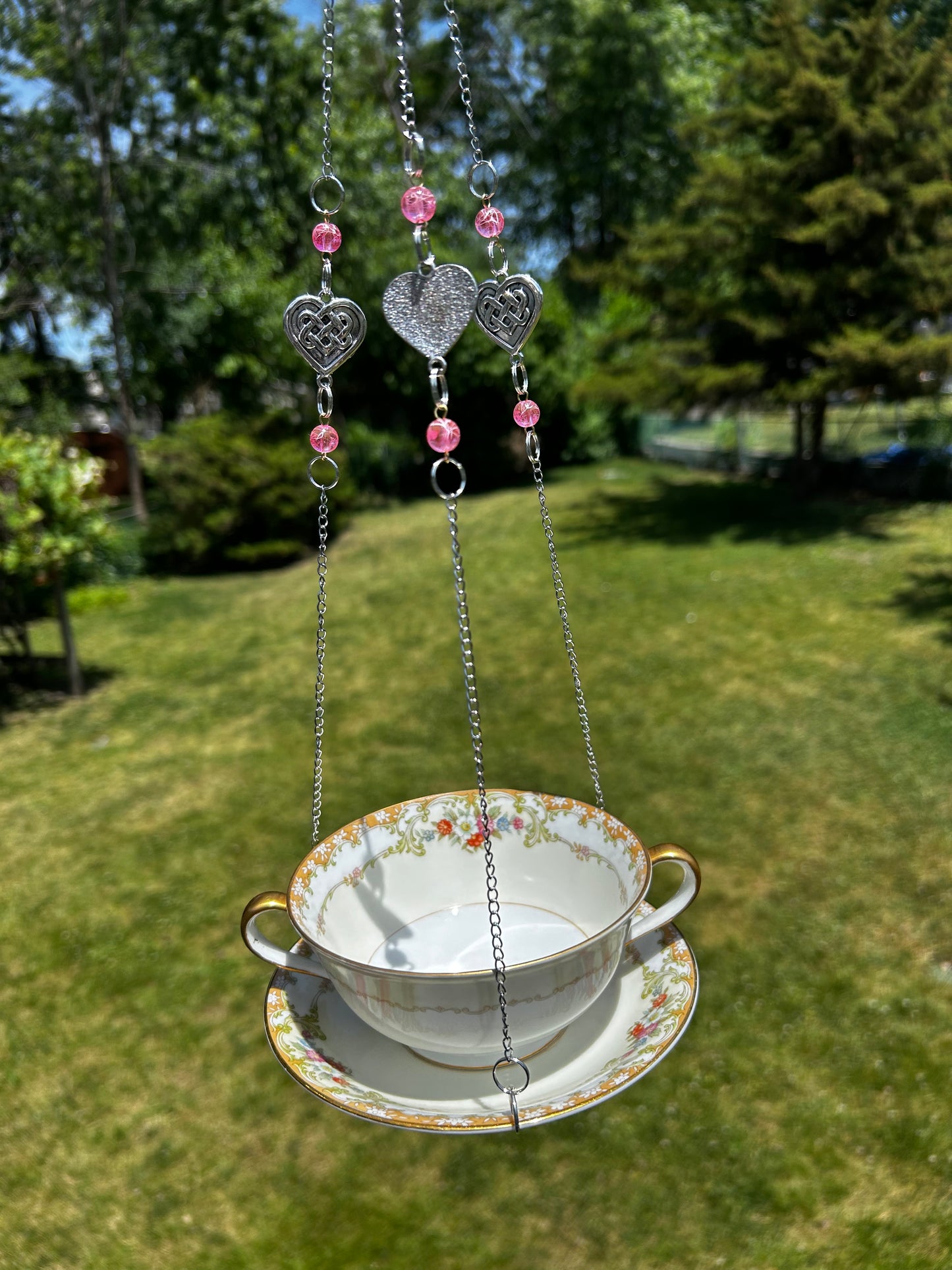 Vintage Tea Cup Bird Feeder - Floral Pattern- Celtic Heart