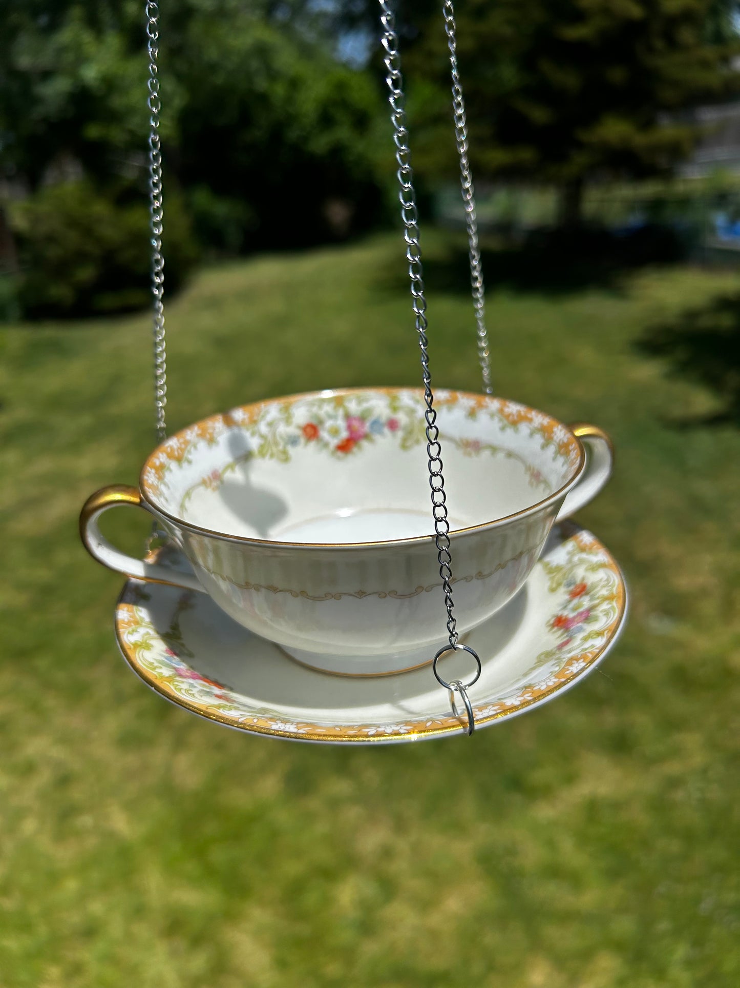 Vintage Tea Cup Bird Feeder - Floral Pattern- Celtic Heart