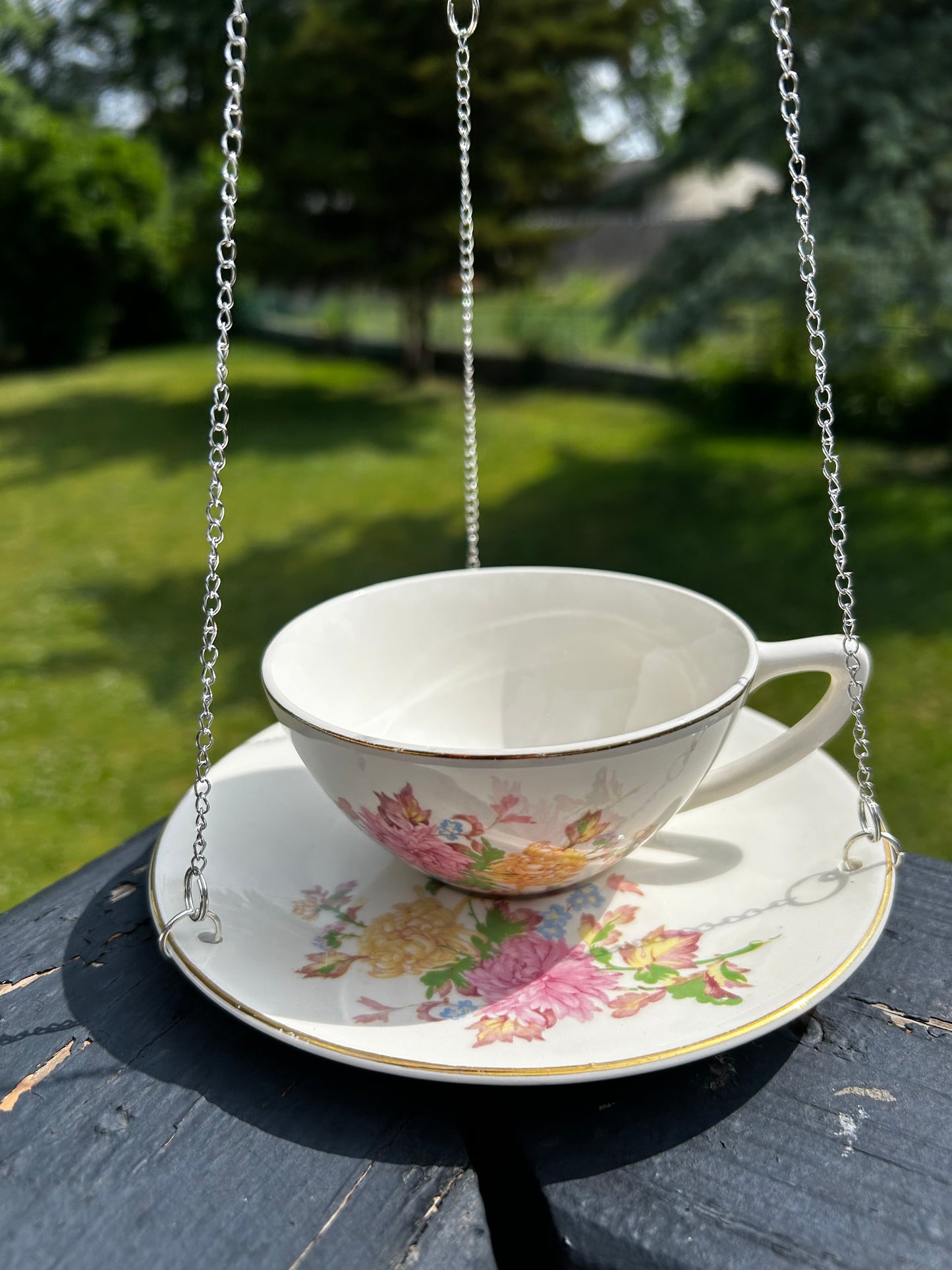 Vintage Teacup Bird Feeder - purple & daisy design