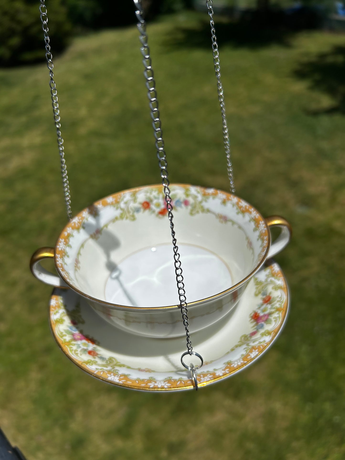 Vintage Tea Cup Bird Feeder - Floral Pattern- Celtic Heart