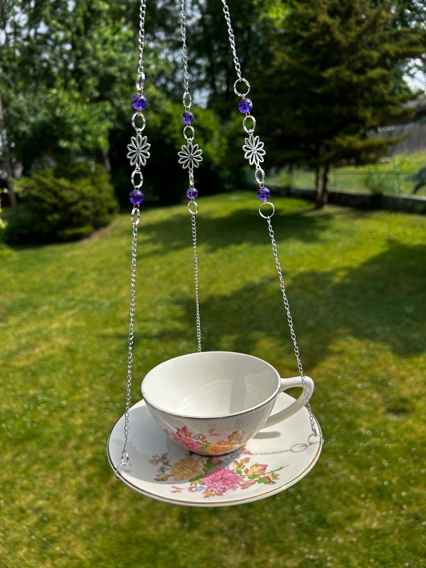 Vintage Teacup Bird Feeder - purple & daisy design